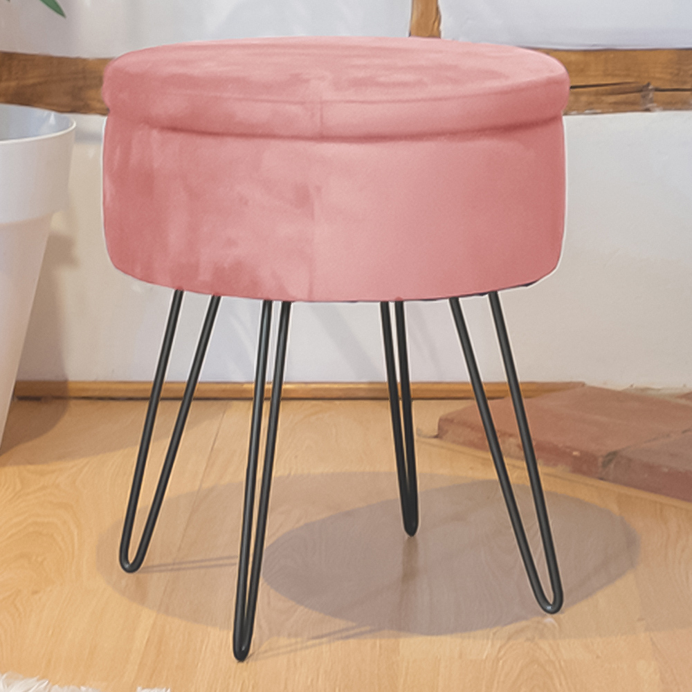 Harbour Housewares Pink and Black Velvet Round Footstool with Storage Image 1