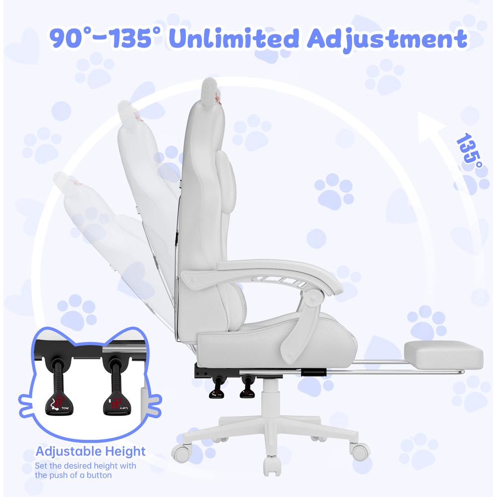 Rattrix White Cat Ears Gaming Chair with Massage Lumbar Support and Footrest Image 5