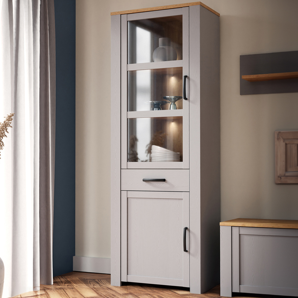 Florence Bohol 2 Door Single Drawer Grey Riviera Oak Narrow Cabinet Image 1
