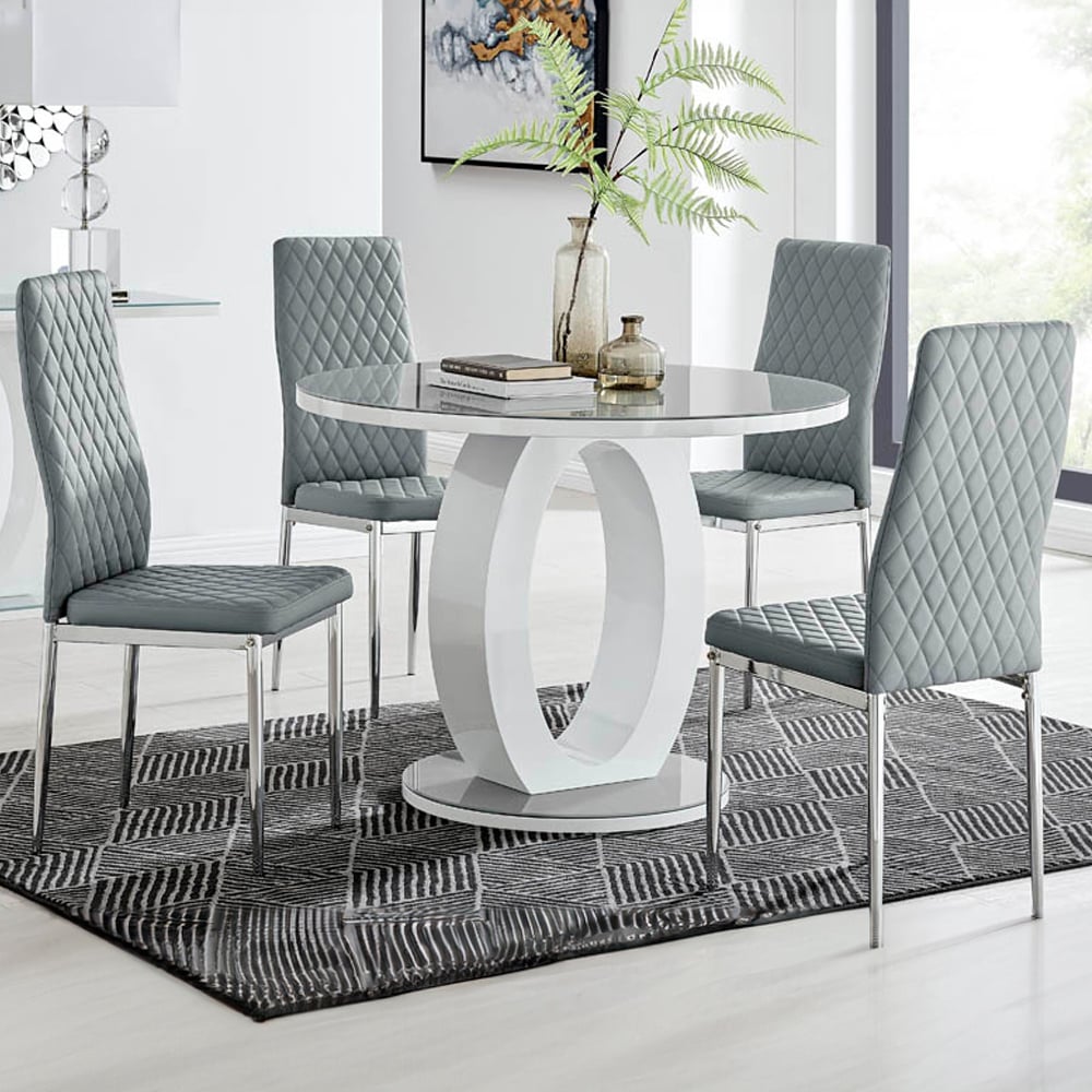 Furniturebox Lucia Valera 4 Seater Round Dining Set Grey Gloss and Chrome Image 1