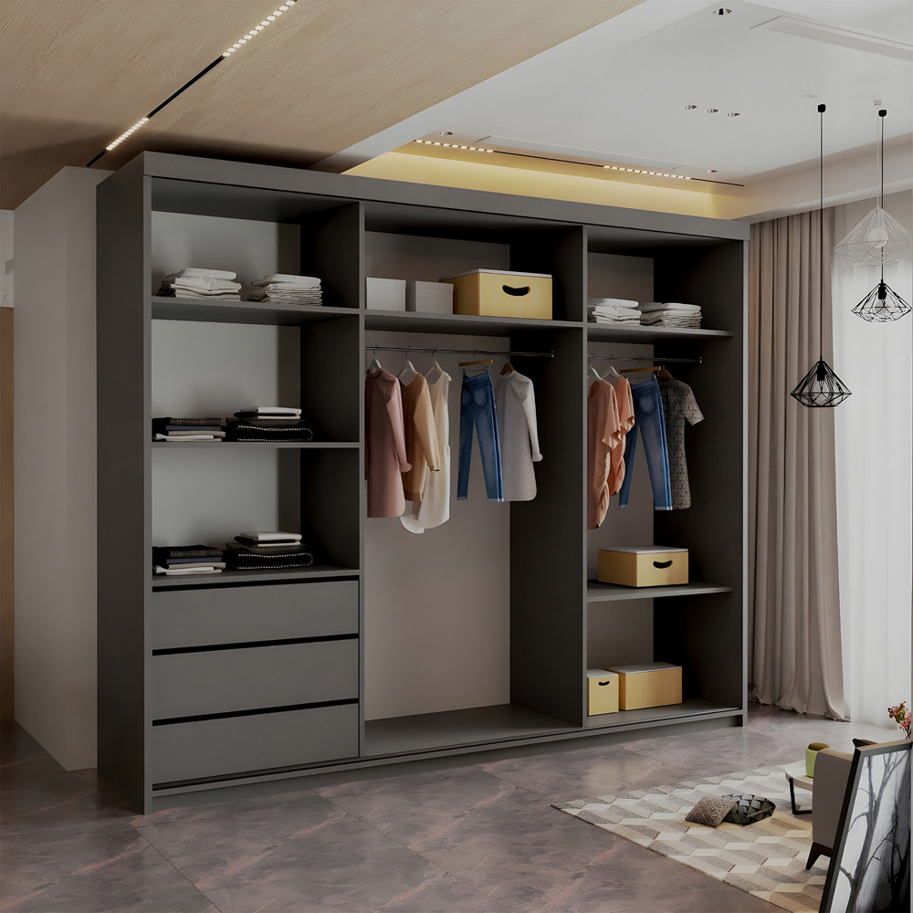Sliding Wardrobes 4U Royal 3 Door Grey Weave Minimalist Mirrored Wardrobe 250cm Image 3