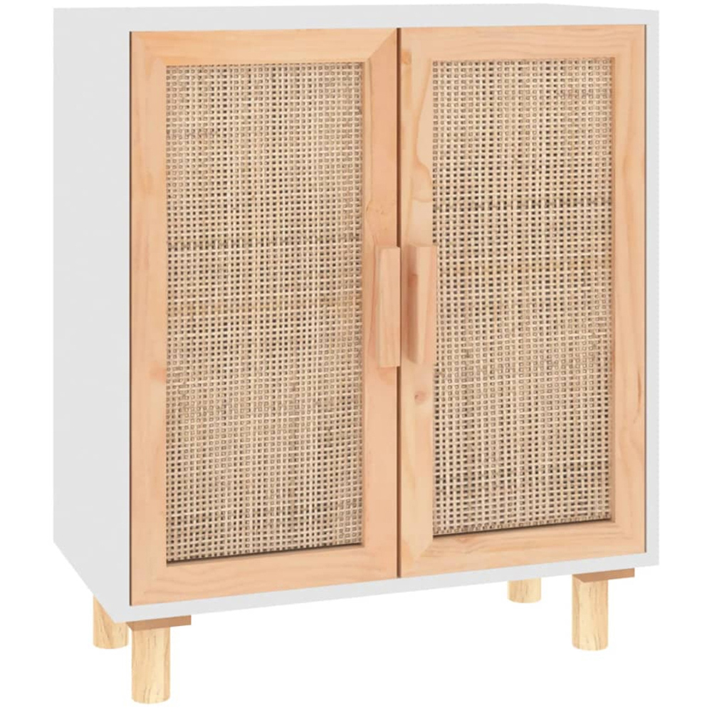 vidaXL 2 Door White Solid Pine Wood and Natural Rattan Sideboard Image 2