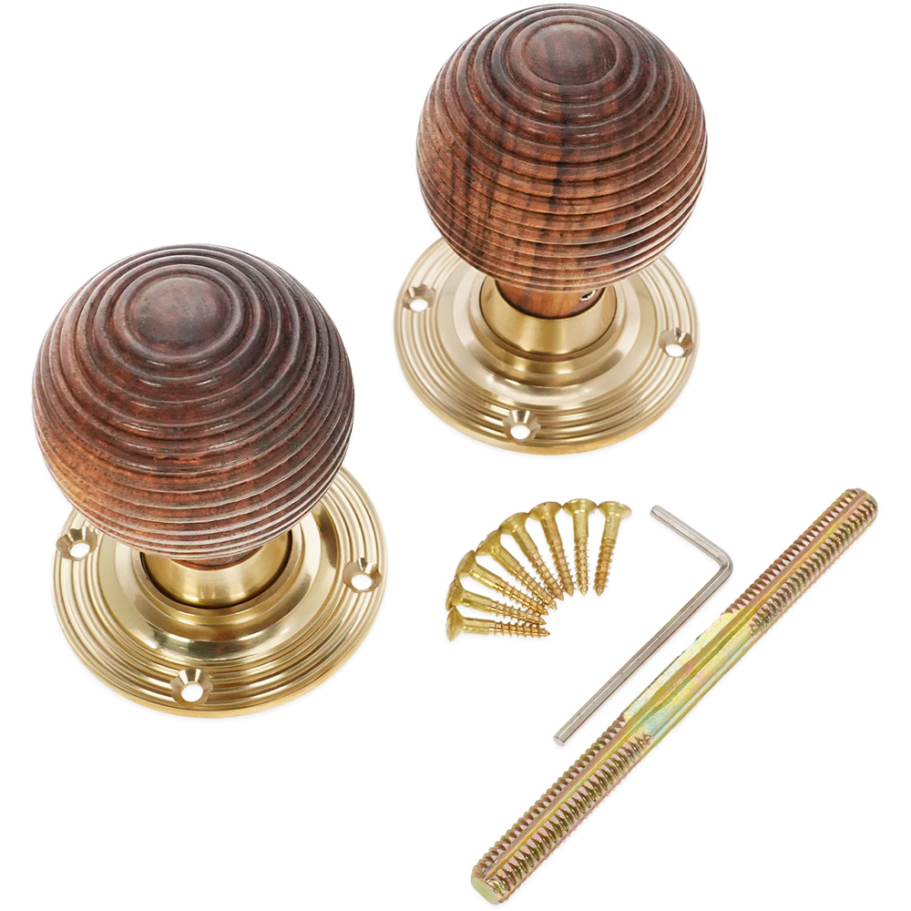 Spira Brass Polished Brass Rosewood Beehive Rim and Mortice Door Knob 2 Pack Image 4