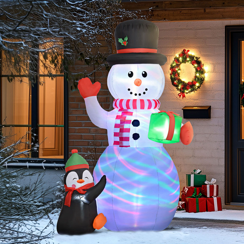 Everglow LED Inflatable Snowman Holding Gift Box with Penguin Christmas Decoration 8ft Image 3