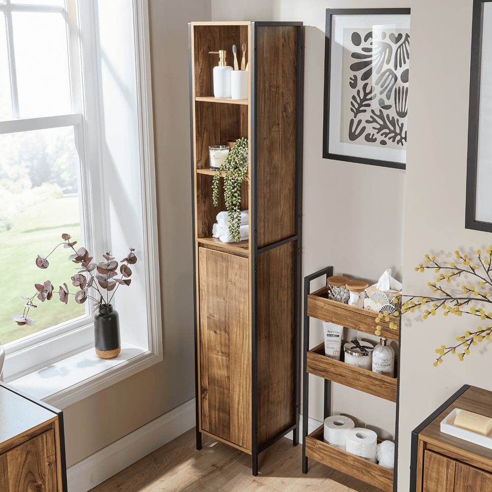 Home Source Locastra Single Door 3 Shelf Oak and Black Tall Bathroom Cabinet Image 6