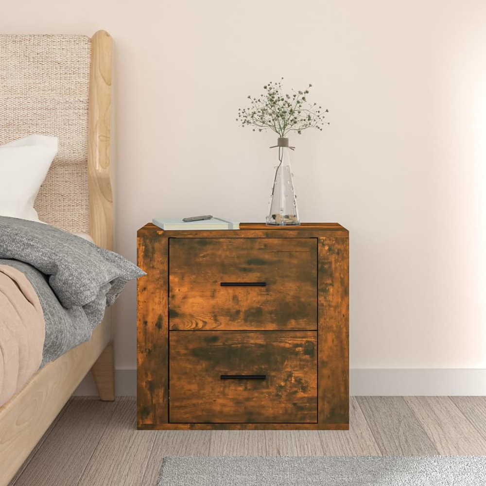 vidaXL 2 Drawer Smoked Oak Wall Mounted Bedside Cabinet Image 8