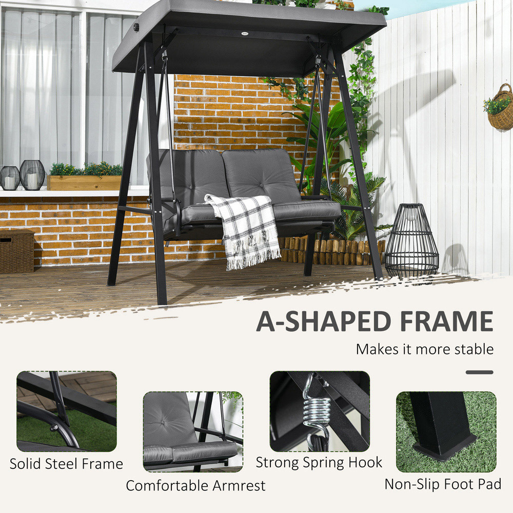 Outsunny 2 Seater Dark Grey Garden Swing Chair with Adjustable Canopy Image 6