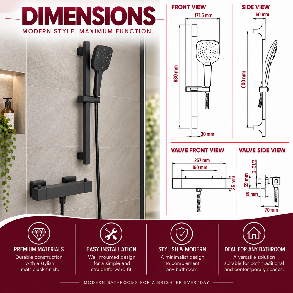 Go Bathrooms AquaFlow Black Round Thermostatic Bar Shower Kit Image 6