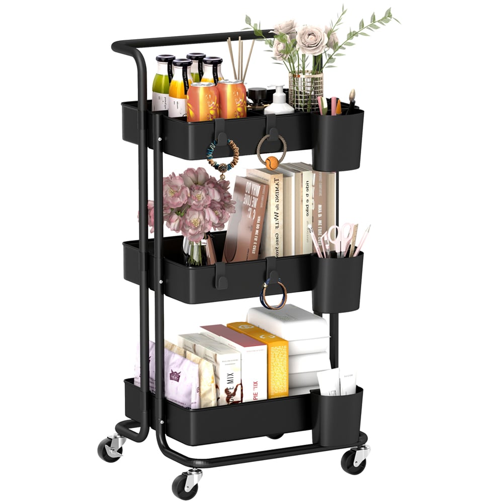 HOMCOM 3-Tier Black Kitchen Trolley with Baskets Image 1