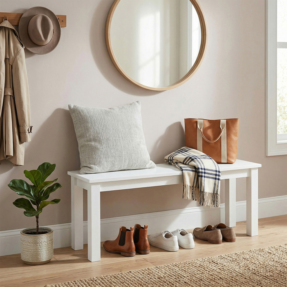 Living and Home White Wood Grain Bench with Pine Legs Image 8