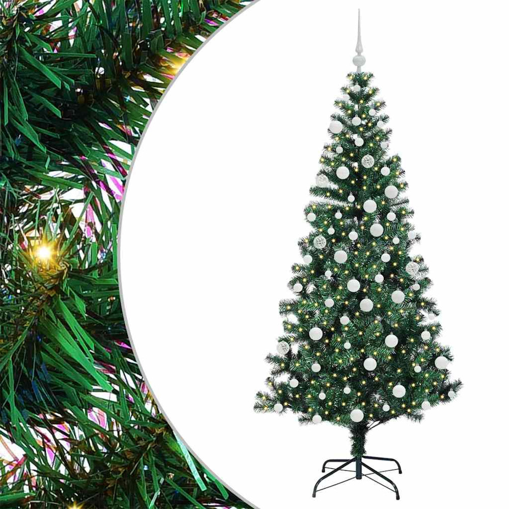 vidaXL Pre-Lit White Baubles Green Artificial Christmas Tree 6ft Image 2