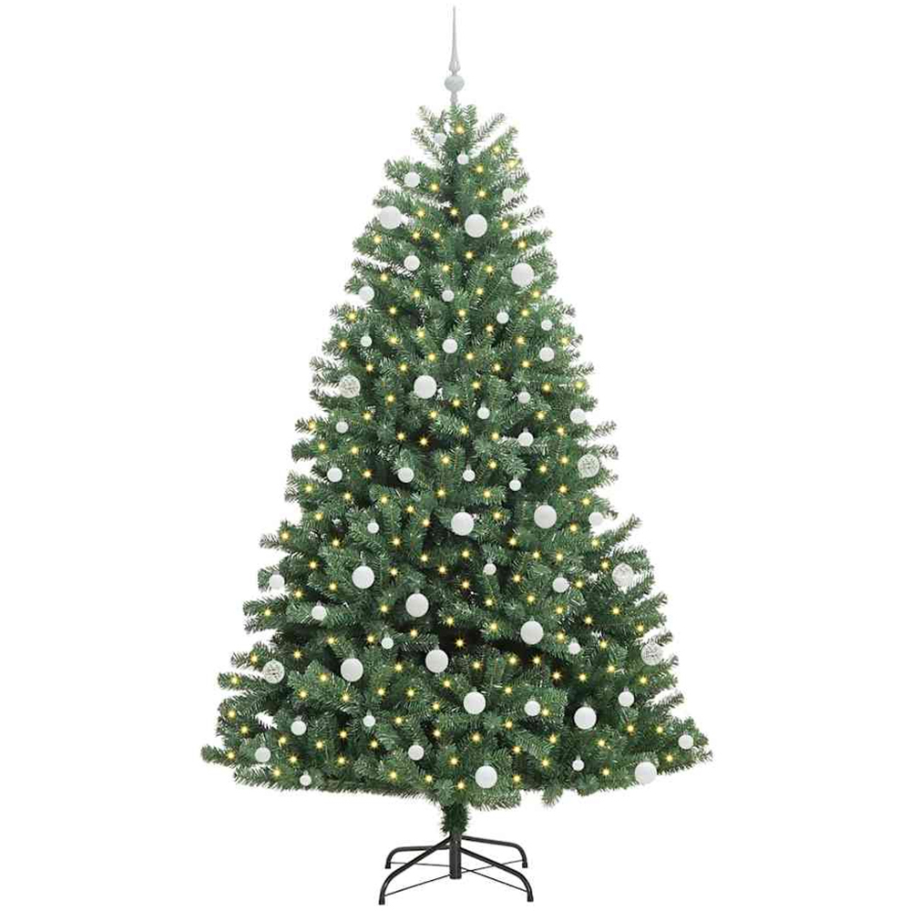 vidaXL Pre-Lit White Baubles Green Artificial Hinged Christmas Tree 7ft Image 1