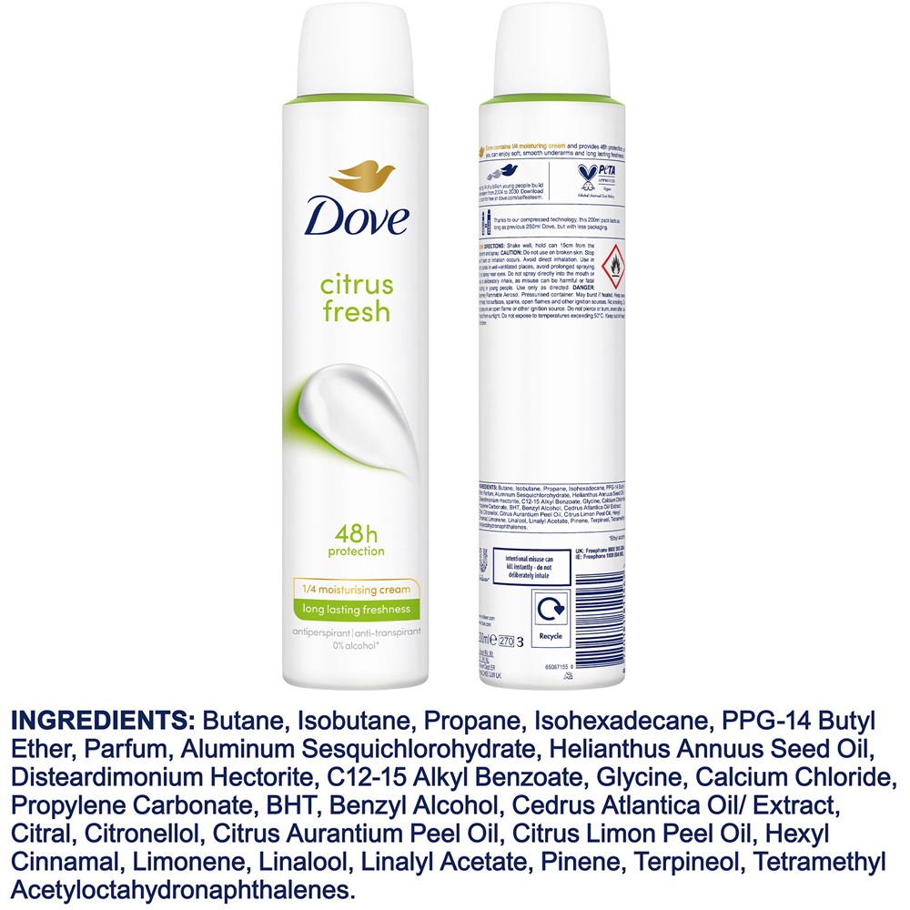 Dove Citrus Fresh 48H Sweat and Odour Protection Antiperspirant Aerosol 200ml 6 Pack Image 7