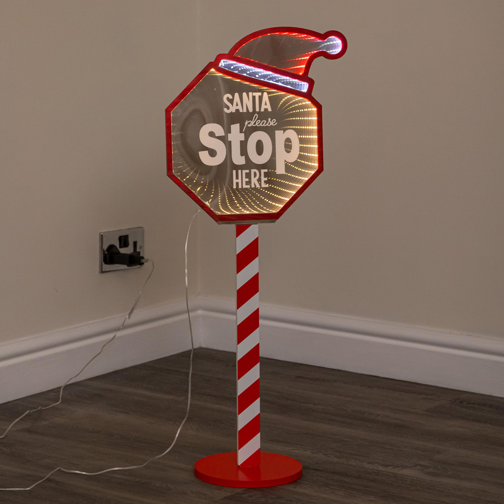Samuel Alexander Red White and Warm White Santa Stop Here Infinity Mirror Christmas Decoration 80cm Image 1