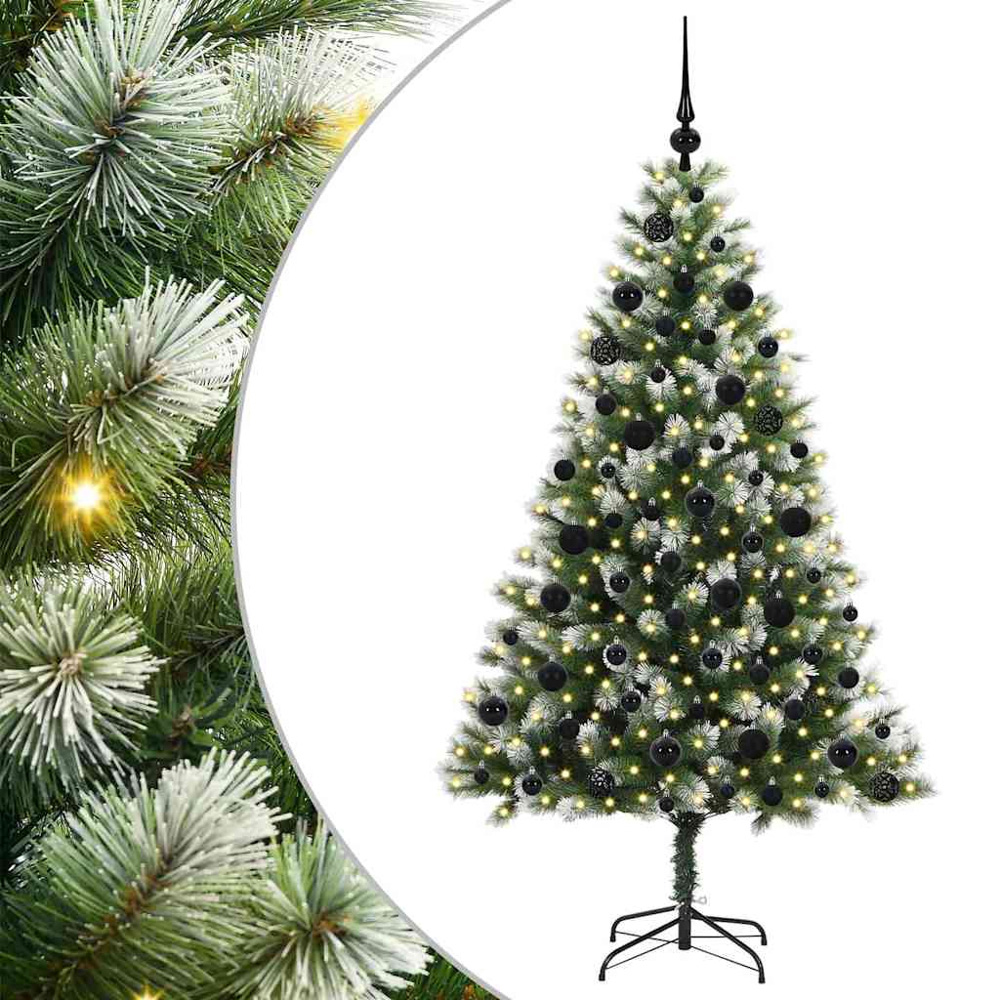 vidaXL Pre-Lit Black Baubles Green Artificial Snow Tipped Hinged Christmas Tree 6ft Image 2