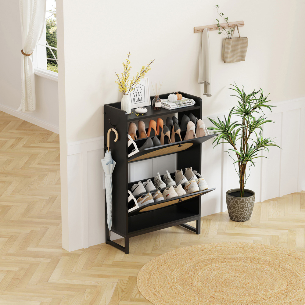 FurnitureHMD 2 Door Black Woven Rattan Shoe Cabinet with Hooks Image 8