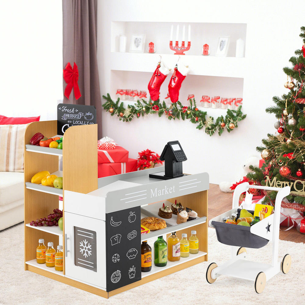 Costway White Pretend Grocery Store Play Set with Shopping Cart and 2 Chalkboards Image 2