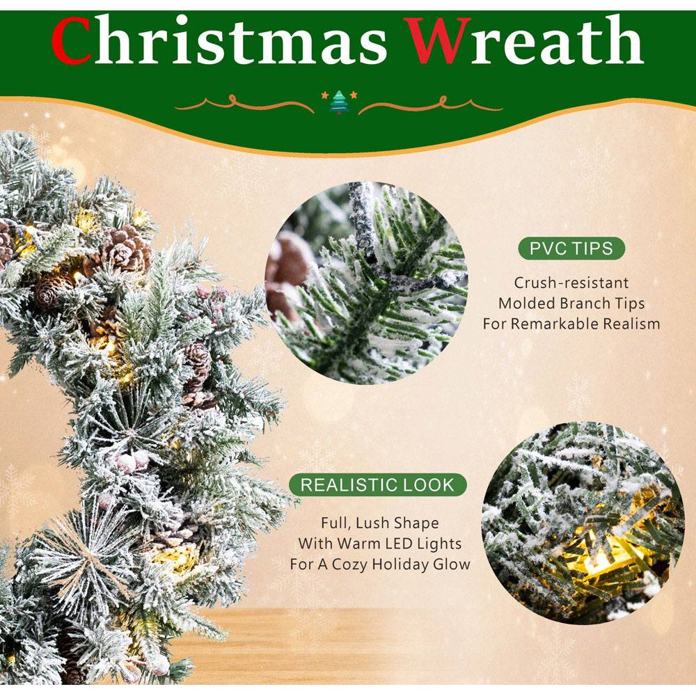 Abrihome 35 Warm White LED Snow Flocked Artificial Christmas Wreath with Tips and Pinecones 50cm Image 6
