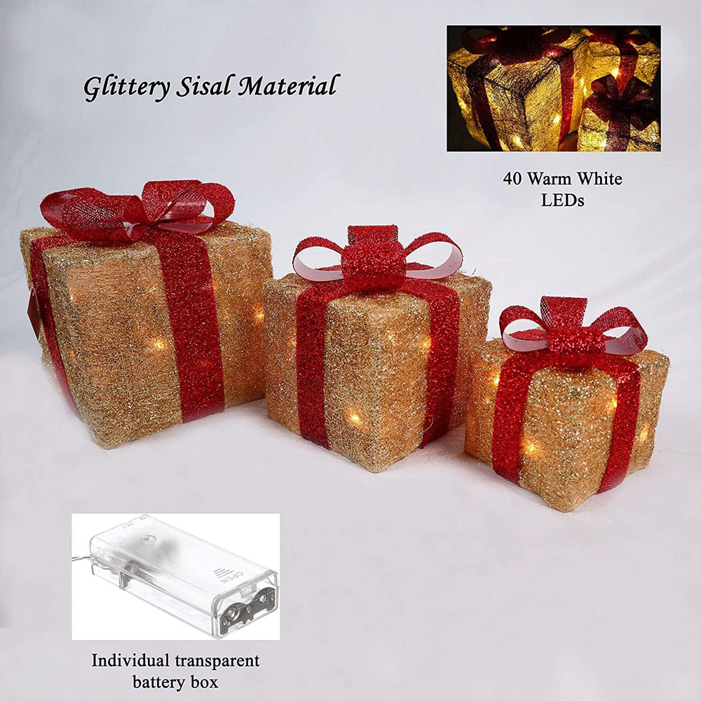 Shatchi Set of 3 Warm White LED Tartan Bow Rattan Parcels Image 4