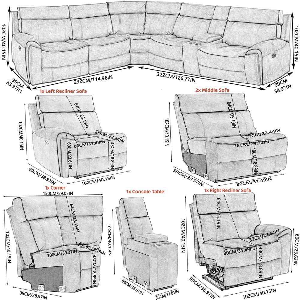 Furniture One 5 Seater Light Grey Power Corner Recliner Sofa Set with Cup Holders Image 4
