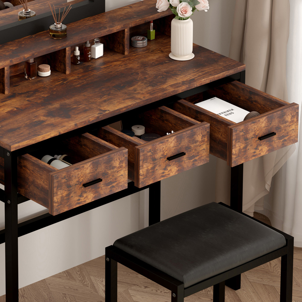 FurnitureHMD 3 Drawer 4 Shelf Rustic Industrial Style LED Light Makeup Vanity with Mirror Image 4