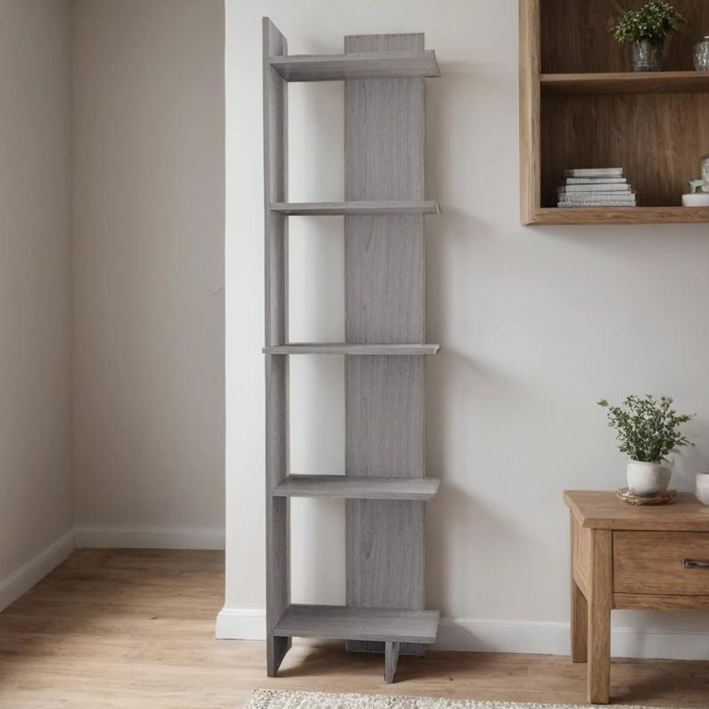 H&O Direct 5 Shelf Grey Modern Corner Bookshelf Image 1