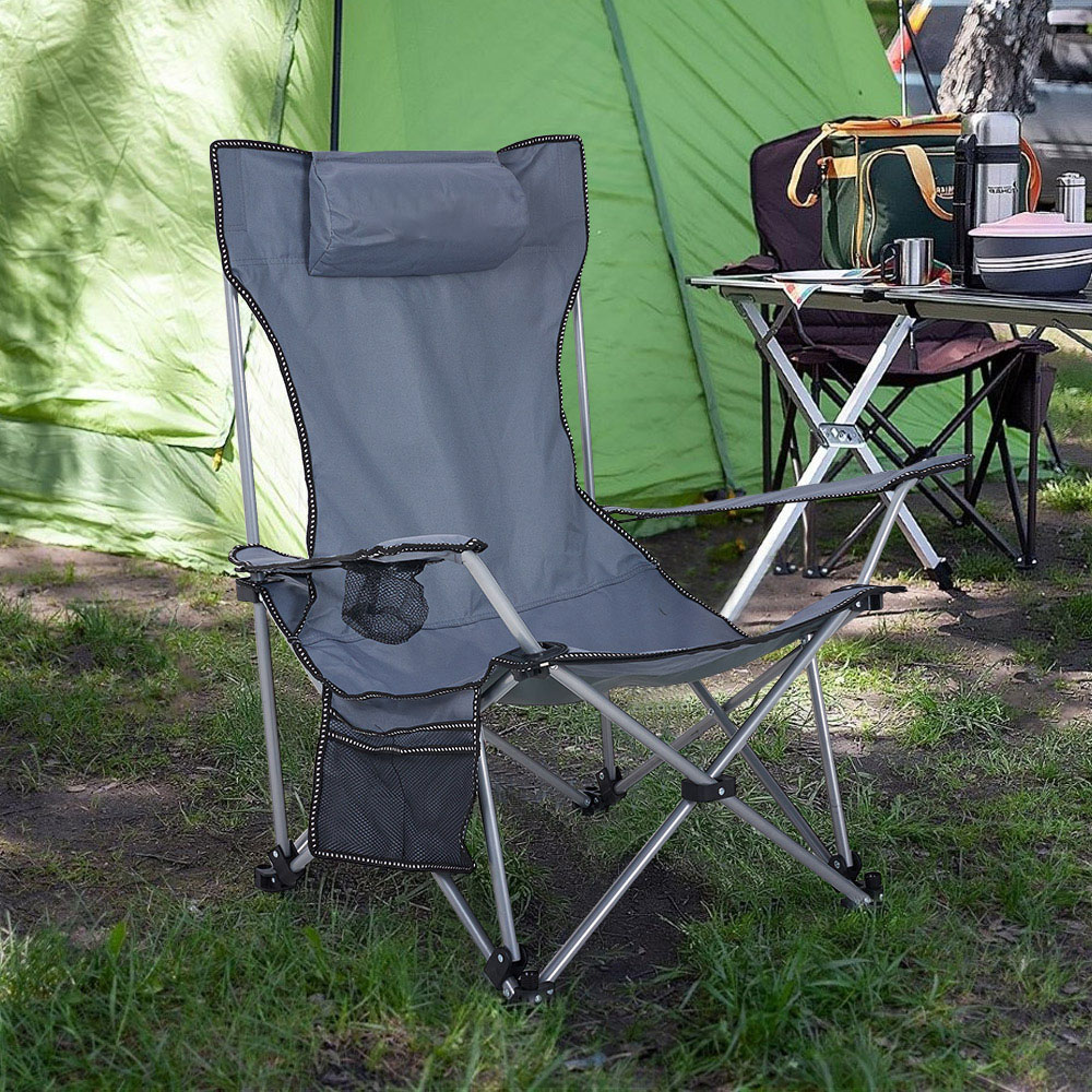 Living and Home Grey Folding Camping Recliner Chair with Footrest Image 2