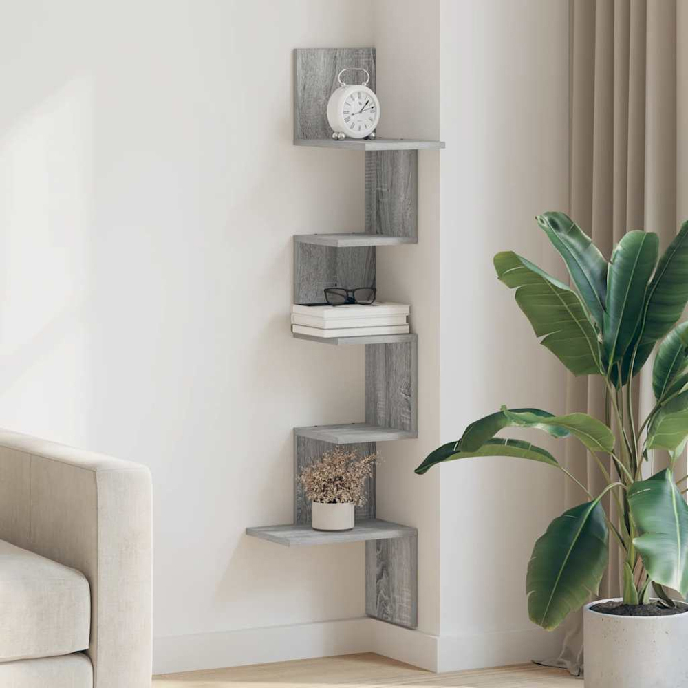 vidaXL 5 Shelf Grey Sonoma Floating Corner Wall Shelf Image 3
