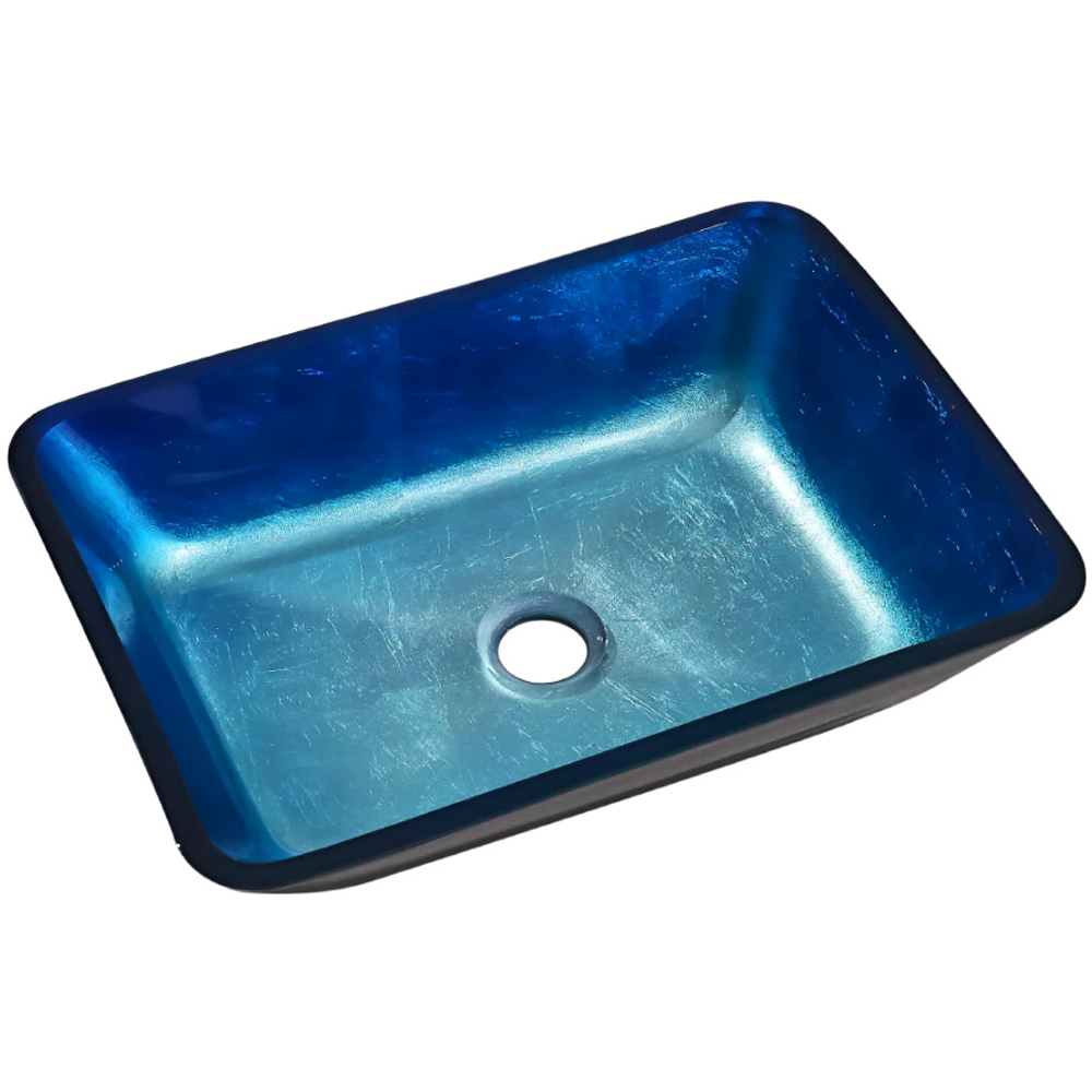 H&O Direct Blue Glass Rectangular Vessel Sink and Drain Set Image 1