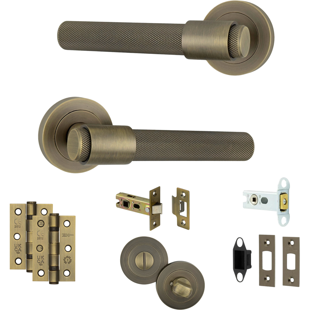 AXS Hardware Dakota Antique Brass Knurled Bathroom Door Handle on Rose Image 1
