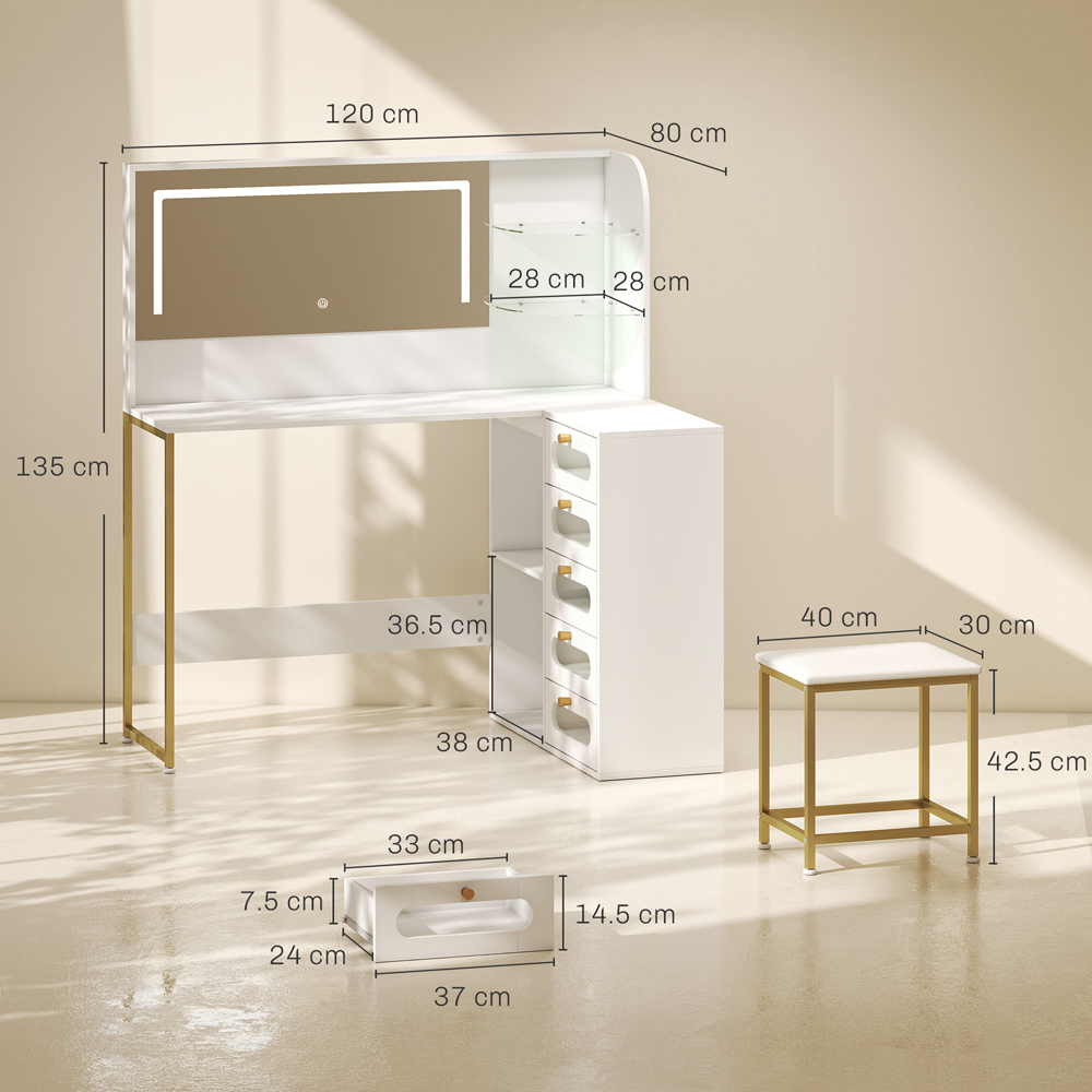 HOMCOM 5 Drawer 4 Shelf White Dressing Table with LED Mirror and Stool Image 9