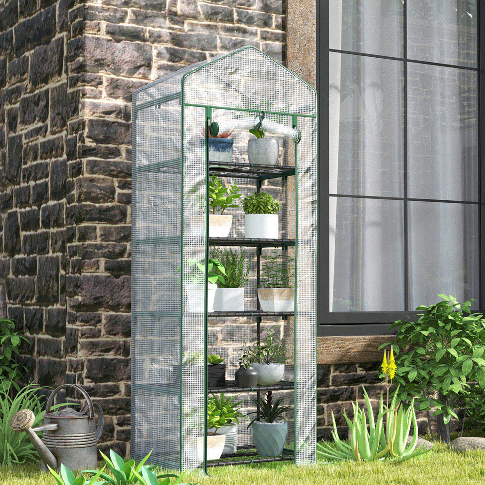 Outsunny White and Green 5 Shelf PE Cover 2.2 x 1.6ft Mini Greenhouse with Roll Up Door Image 2