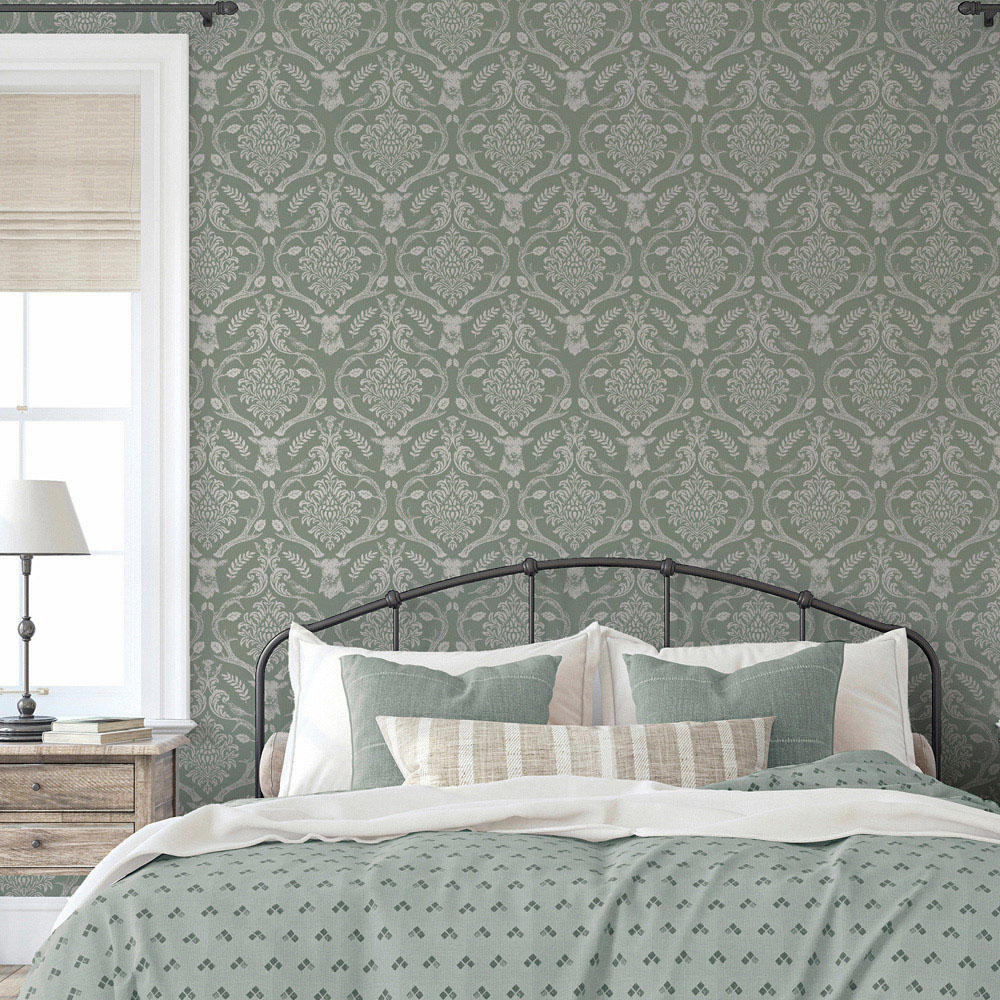 Arthouse Stag Damask Sage Green Wallpaper Image 6