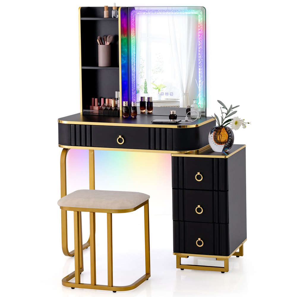 Costway 4 Drawer Black Vanity Dressing Table Set with RGB LED Mirror Image 2