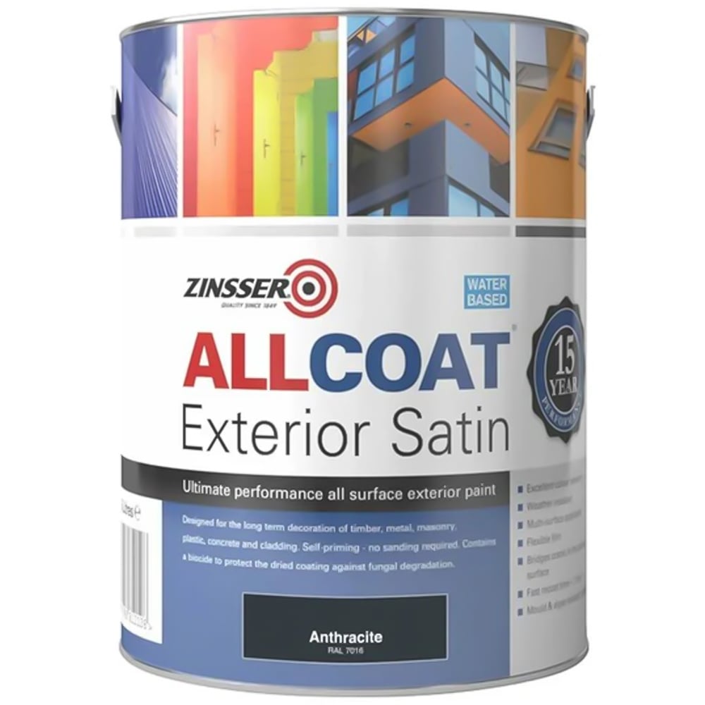 Zinsser Allcoat Anthracite Water Based Exterior Satin Paint 5L Image 2