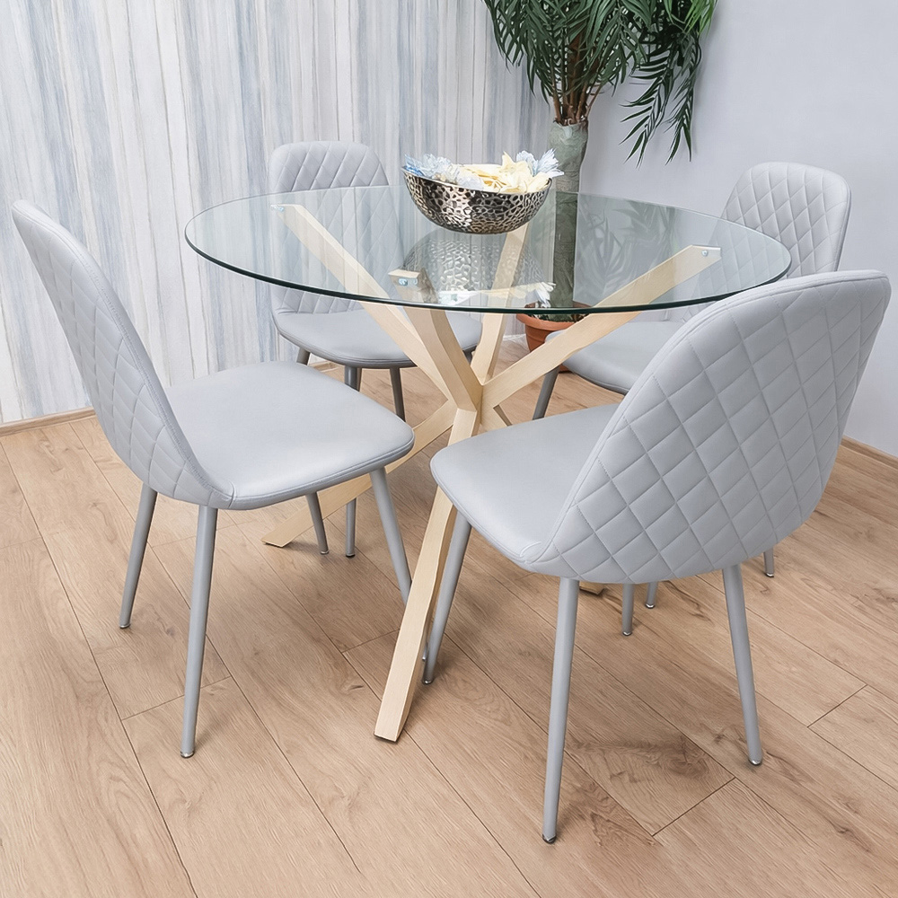 Portland 4 Seater Gem Pattern Round Glass Dining Set Grey Image 1