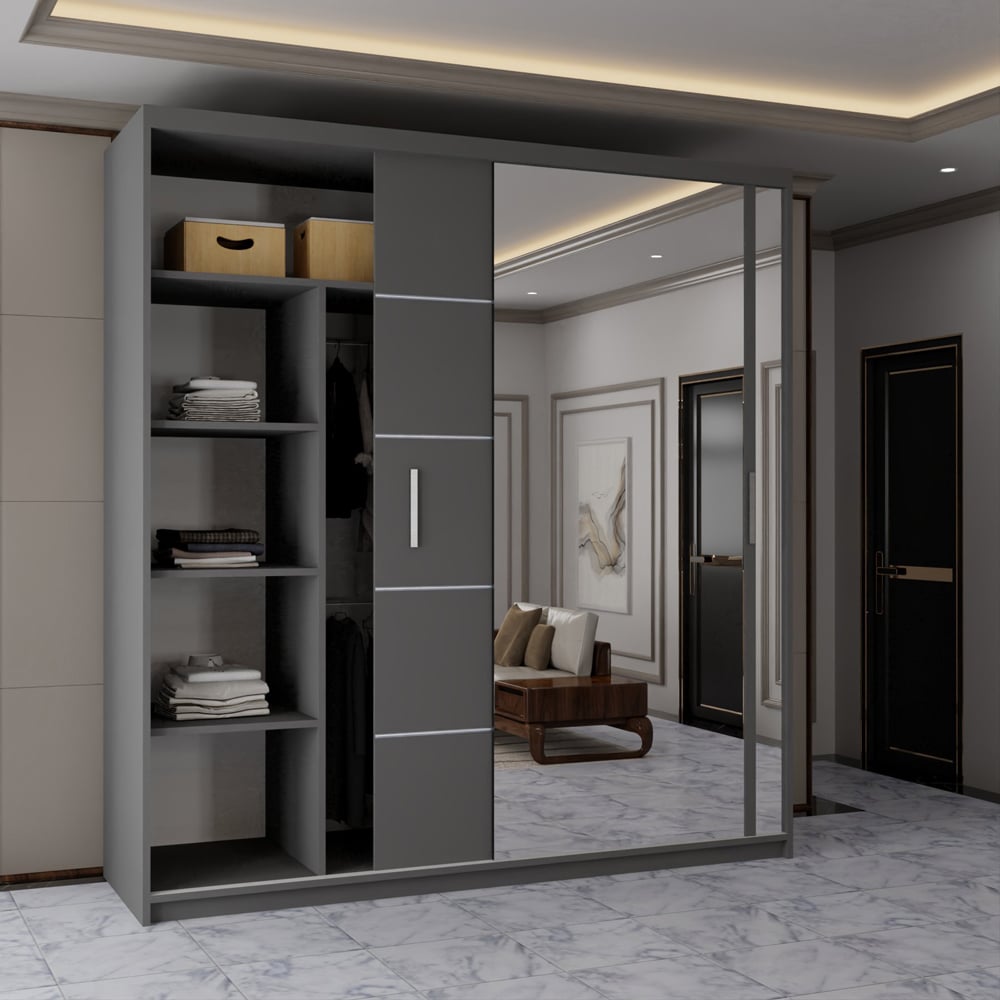 Modern Sliding Mirror Door Wardrobe with Adjustable Shelves and Hanging Rails (Grey 203cm) Image 3