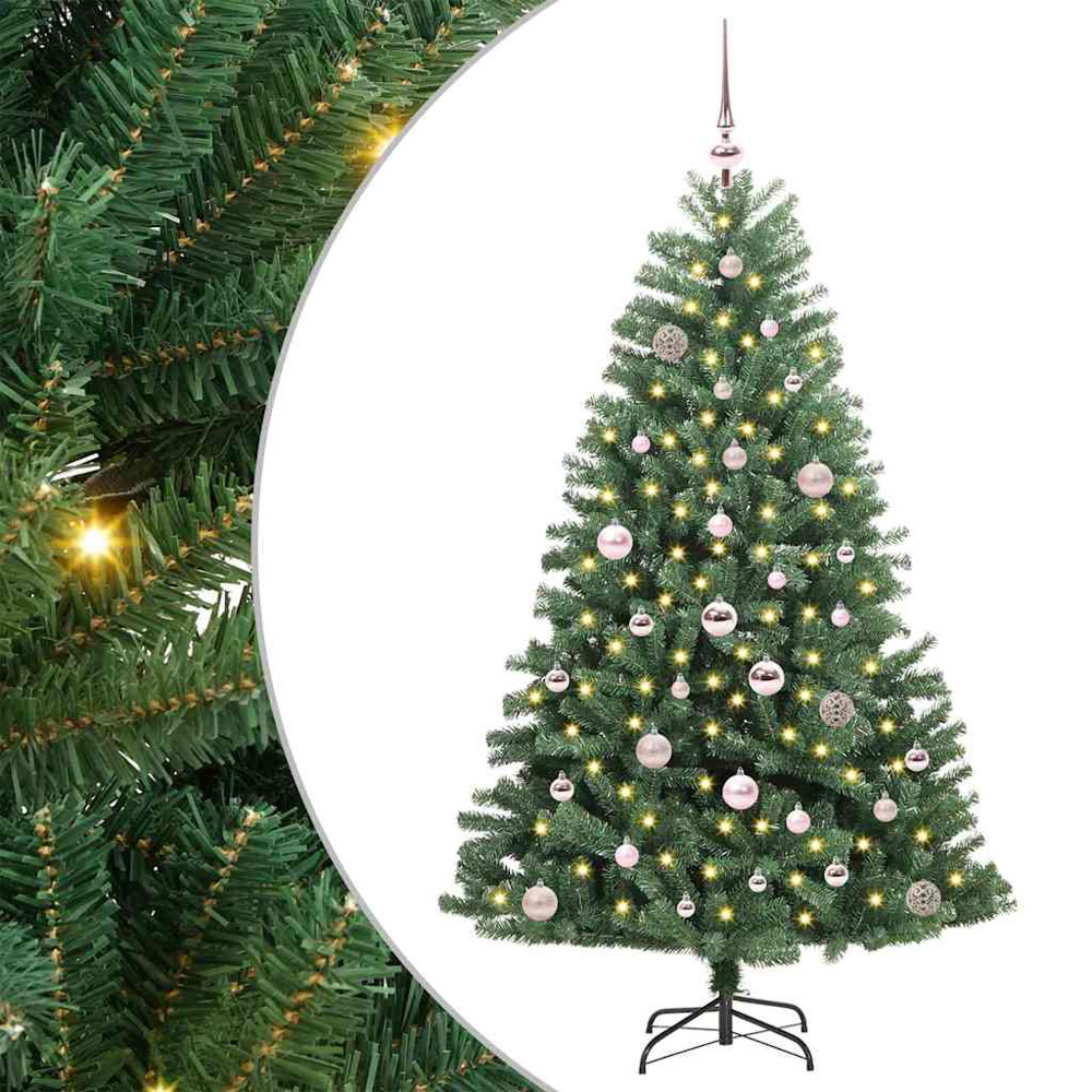 vidaXL Pre-Lit Pink Baubles Green Artificial Hinged Christmas Tree 5ft Image 2