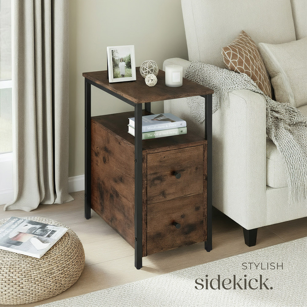 tectake Tullamore 2 Drawer Dark Industrial Wood Rustic Bedside Table Image 8