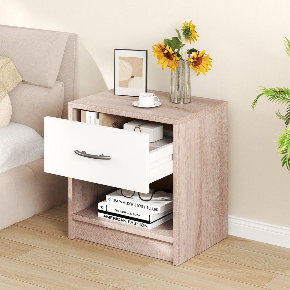 Costway Single Drawer Single Shelf Natural and White Nightstand Image 5