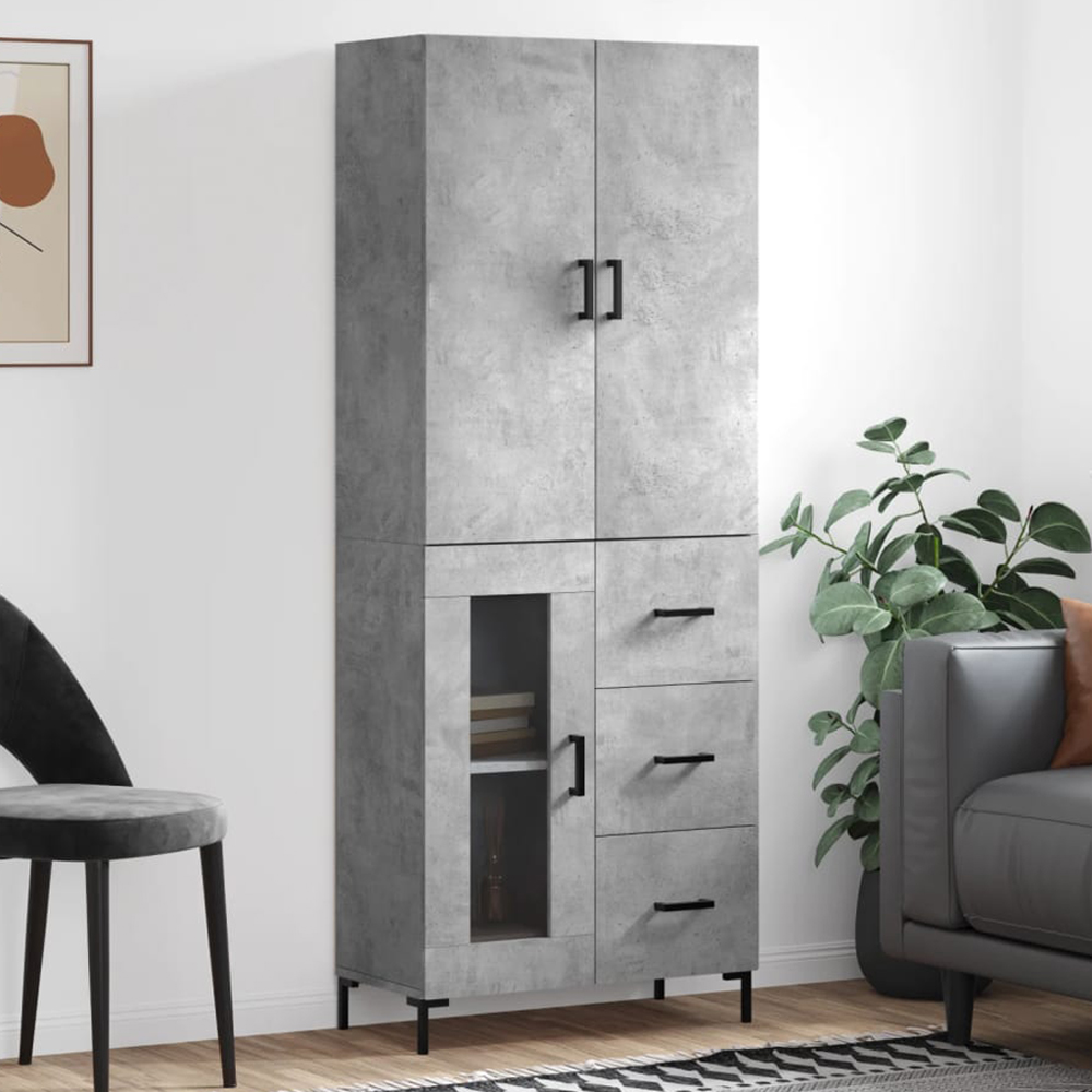 vidaXL 3 Wood and Glass Door 3 Drawer Concrete Grey Highboard Image 1