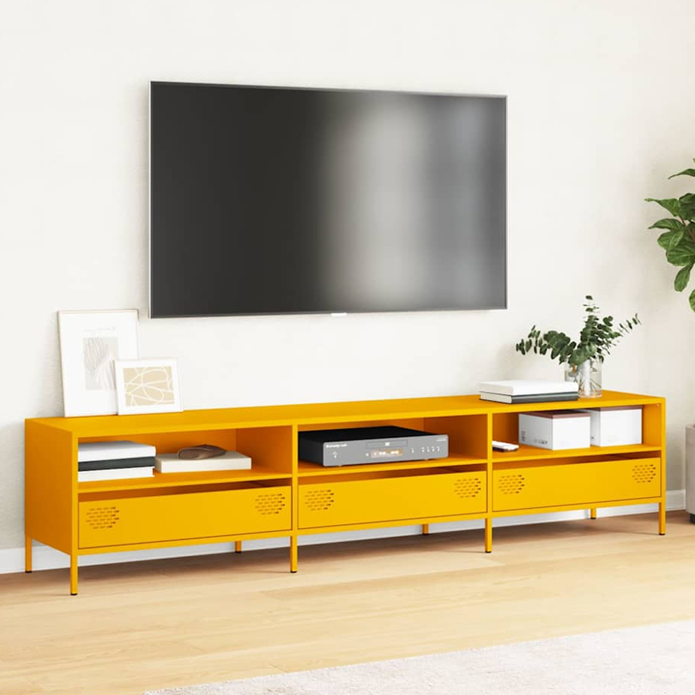 vidaXL 3 Drawer 3 Shelf Mustard Yellow Steel Industrial Style TV Cabinet Image 1