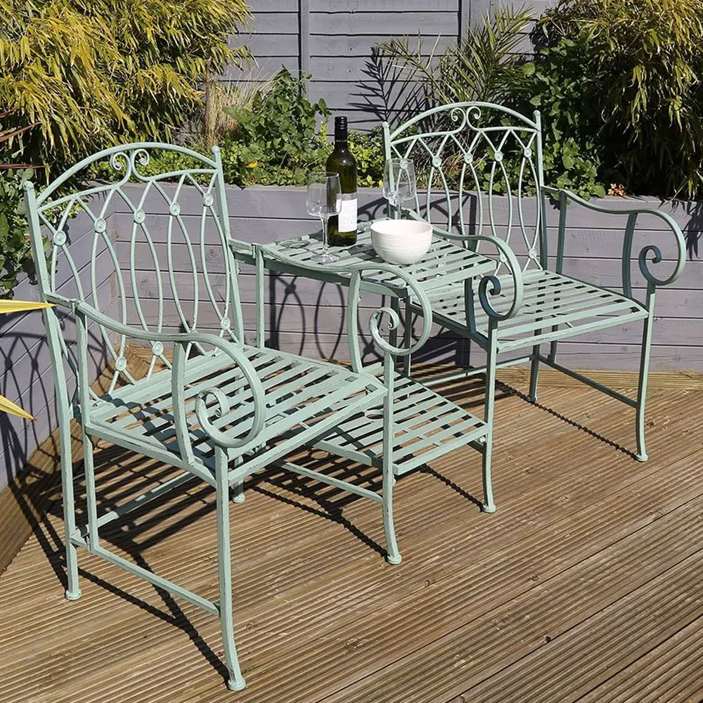 Charles Bentley 2 Seater Wrought Iron Sage Green Companion Seat Image 1