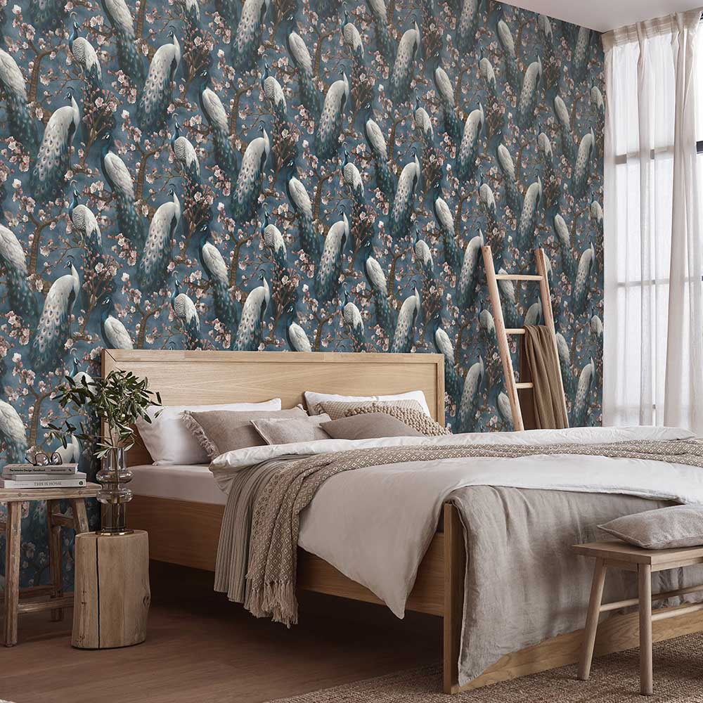 Erismann Opulent Peacock Floral Navy Wallpaper Image 3