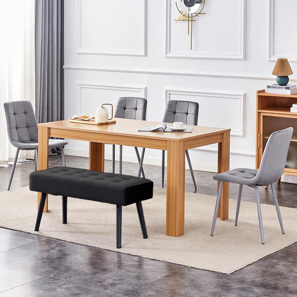 Portland 5 Seater Velvet Wooden Dining Set with Bench Oak Effect Grey and Black Image 1