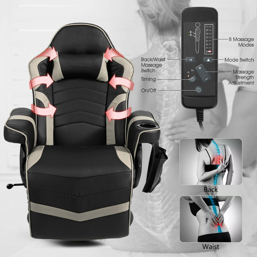 Costway Grey Electric Massage Gaming Chair with Cup Holder Image 8