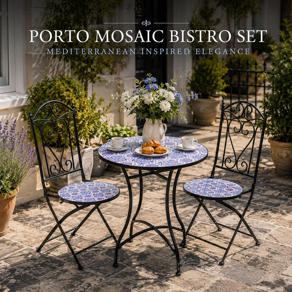Shatchi Porto 2 Seater Mosaic Ceramic Tile Top Foldable Bistro Set Image 6