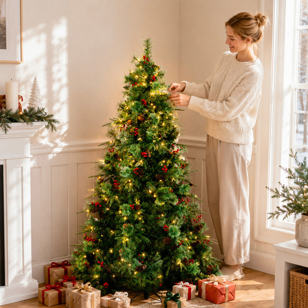 Abrihome 180 Warm White LED Pre-Lit Artificial Christmas Tree with Berries and Pinecones 5ft Image 3