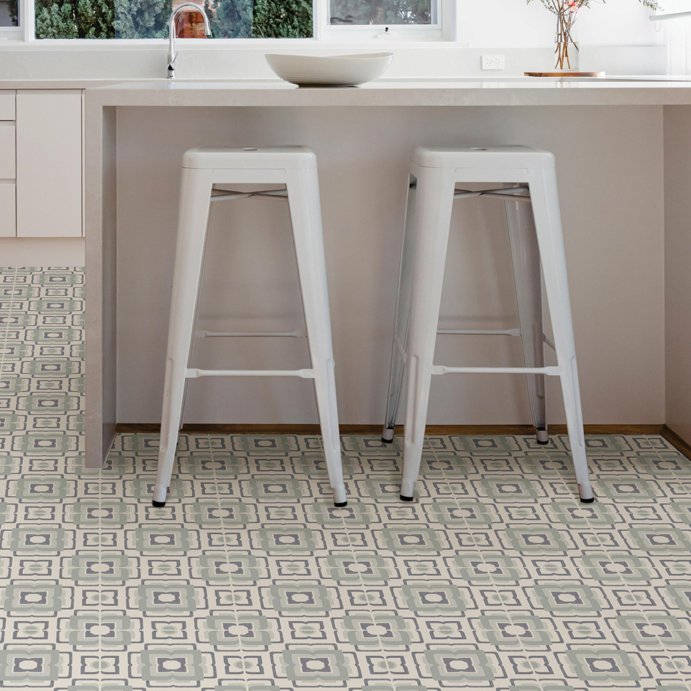 Floorpops Teal and Grey Posey Peel and Stick Floor Tile 30.48 x 30.48cm 10 Pack Image 1