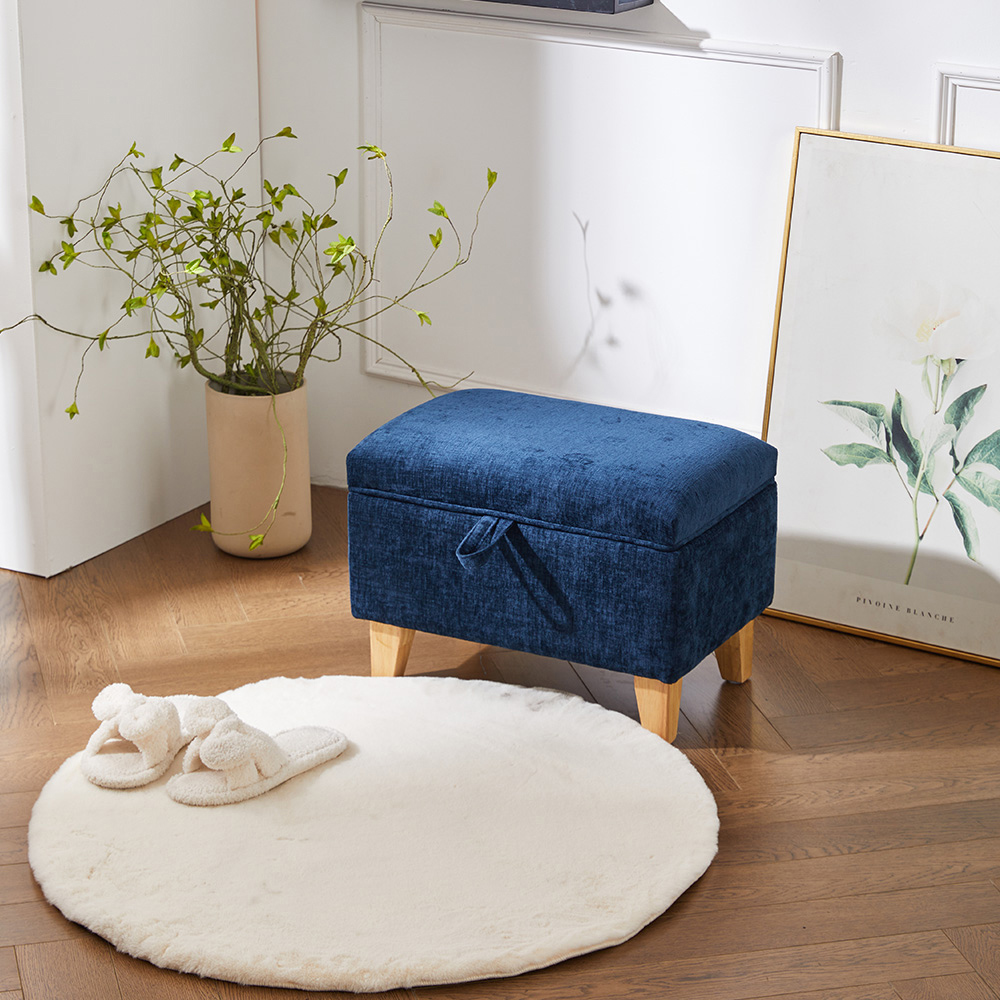Living and Home Blue Chenille Upholstered Storage Ottoman Image 8
